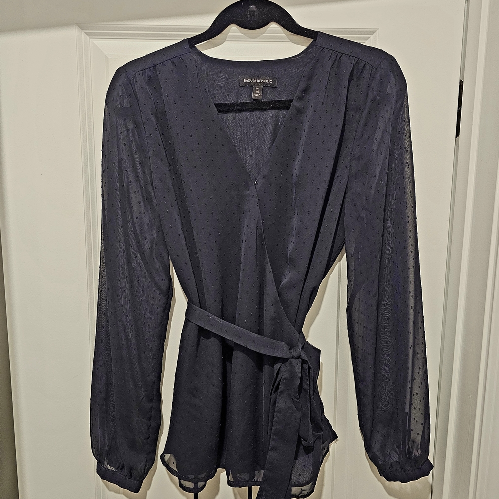 Banana Republic Navy Swiss Dot Long Sleeve Wrap Blouse Size Medium Tall